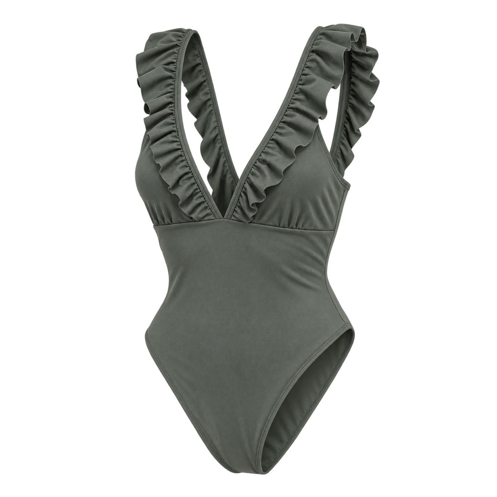 H&M Olive Green Ruffle Plunge One Piece Swimsuit Size 5XL Plus